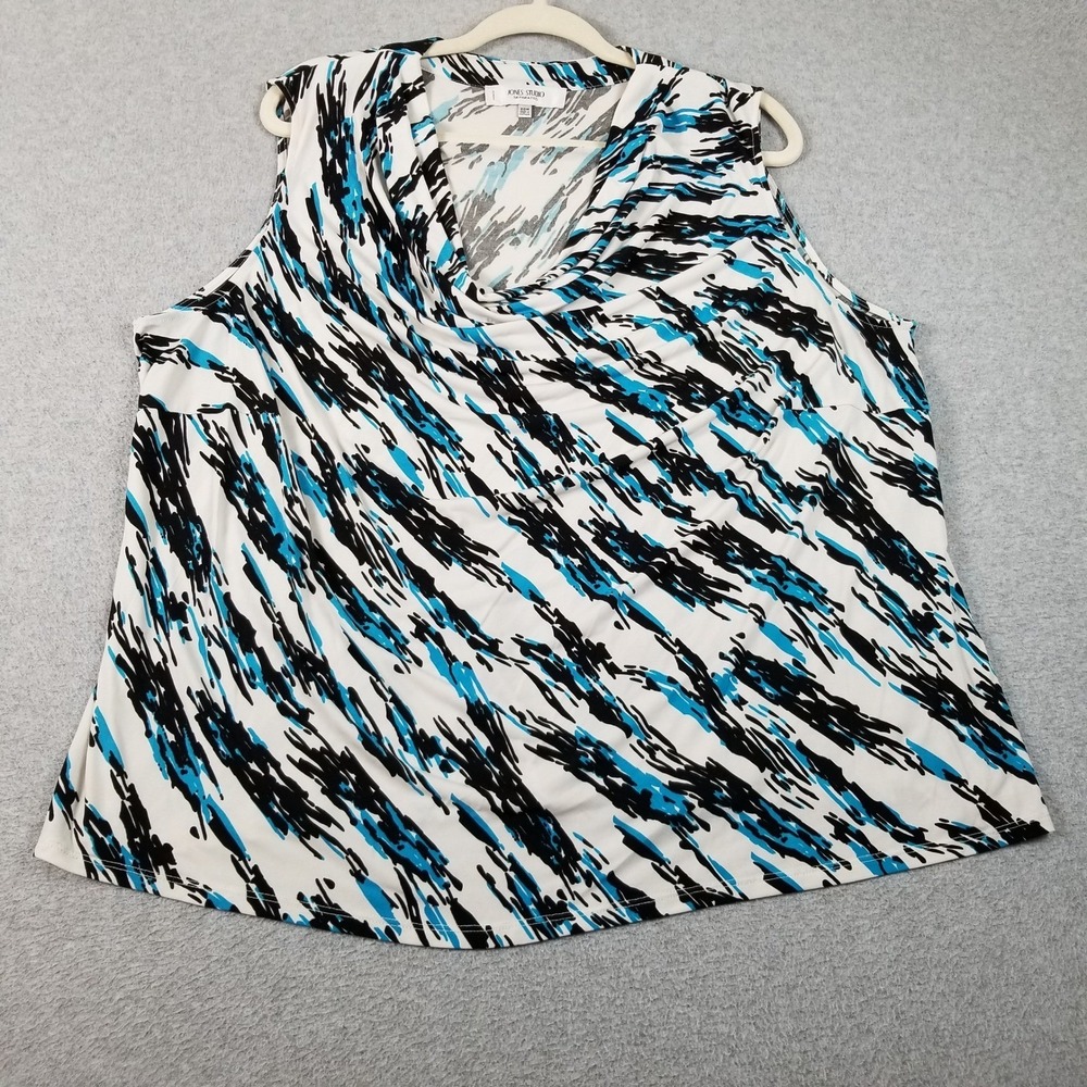 Jones Studio Tank Top Womens 20W Blue Black White Abstract Cowl Neck Sleeveless